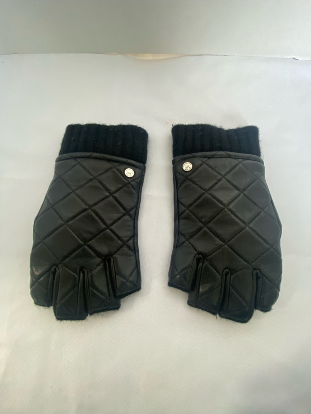 Michael Kors Women’s Black Quilted Fingerless Leather Gloves with Knit Cuff